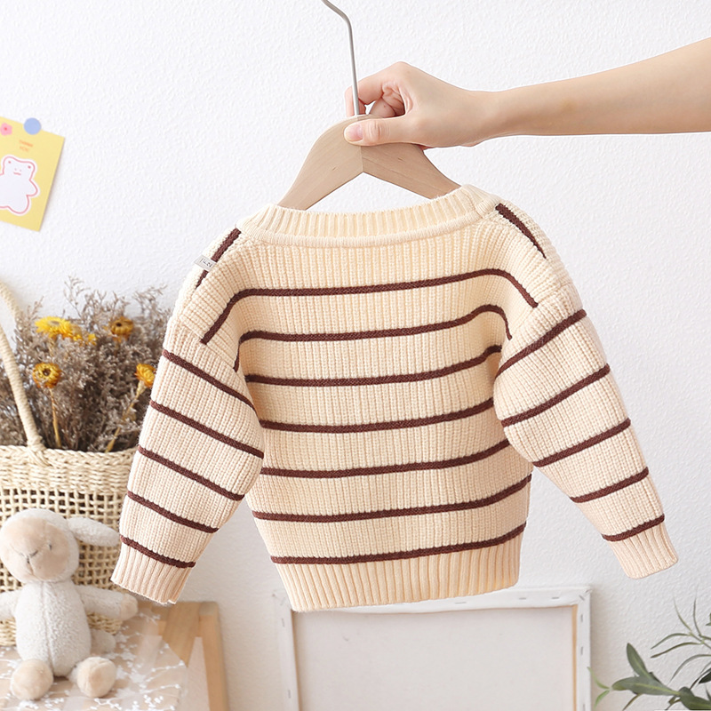 Boys' striped sweater cardigan autumn and winter baby sweater loose children's cartoon teddy bear jacket