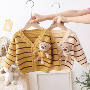 Boys' striped sweater cardigan autumn and winter baby sweater loose children's cartoon teddy bear jacket