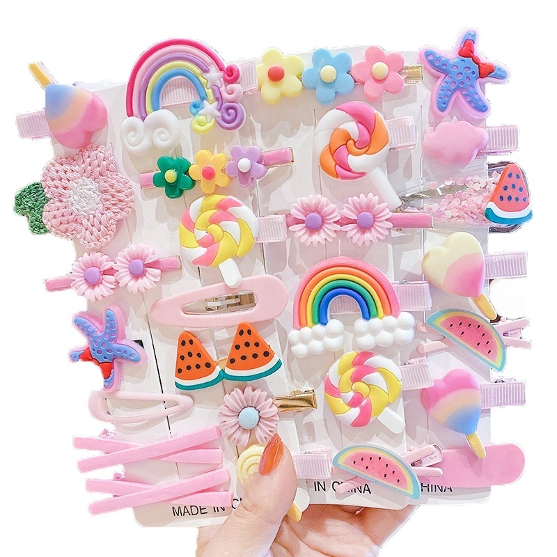 14pcs/ set Girils Hair Grips Children Rainbow Cute Cartoon Fruit Hair Clip for Girl Hairpin Sweet Fancy Kids Hair Clips Handmade