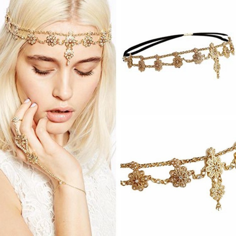 MIO Fashion Jewelry Forehead Chain Headband With Pearl Drop Pendant Luxury Rhinestone Flower Tassels Headband Metal Head Chain