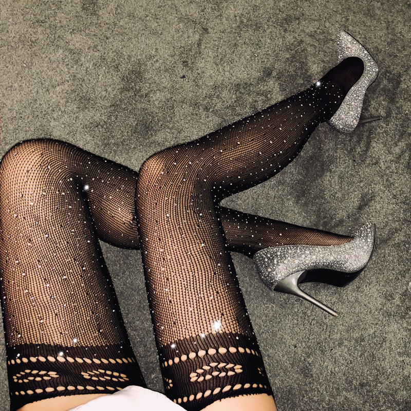 Hot Products See Through Mesh Tights Seamless Pantyhose Women Glitter Rhinestone Fishnet Stockings