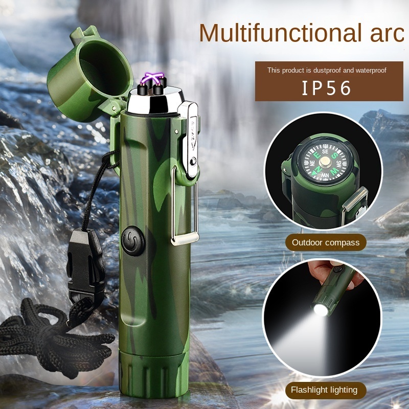 Double Arc Rechargeable USB Charging Lighter Waterproof Electric Flashlight for Outdoor Camping and Cigarette BBQ Use