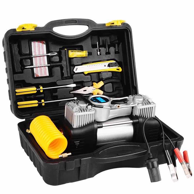 Multifunction car vehicle air compressor tire inflator pump tool box kit with LED light