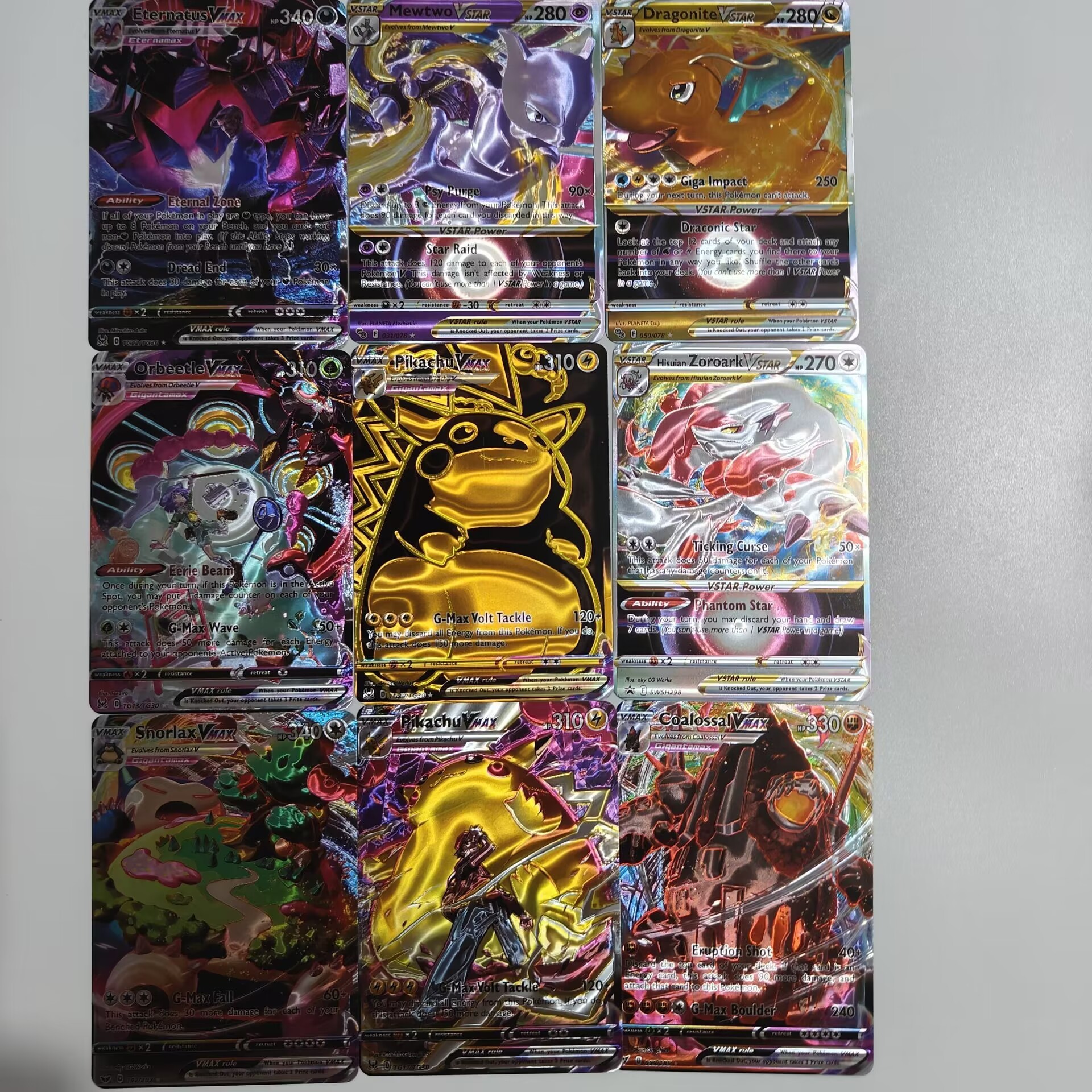 New 55PCS Colorful Gold Foil Pokemoned Cards Metal English No Repeat Plastic Transparent Box Cat Eye Pokemones Playing Card