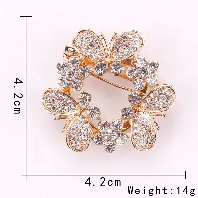 Chic heart butterfly shaped gold zinc alloy rhinestone insect brooches pins for female