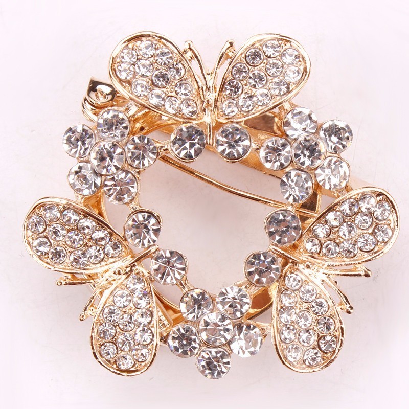 Chic heart butterfly shaped gold zinc alloy rhinestone insect brooches pins for female