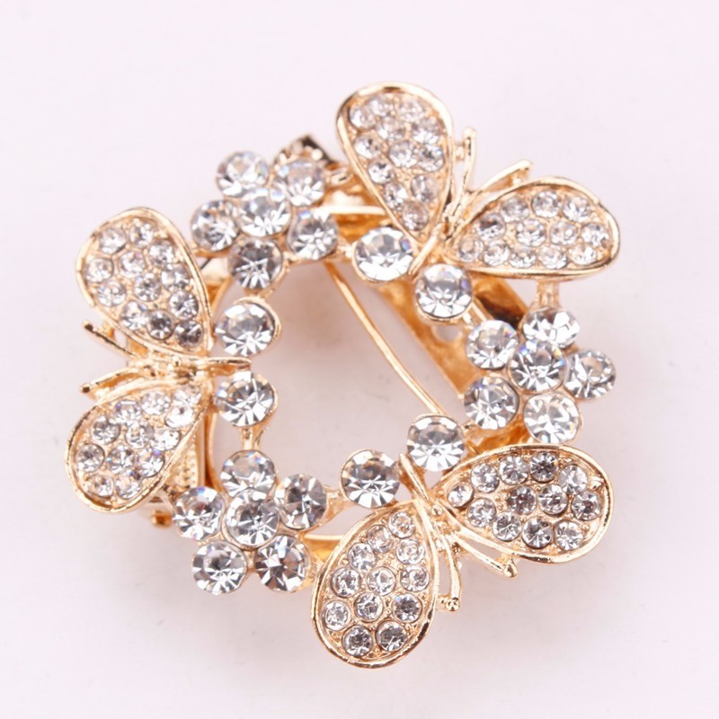 Chic heart butterfly shaped gold zinc alloy rhinestone insect brooches pins for female