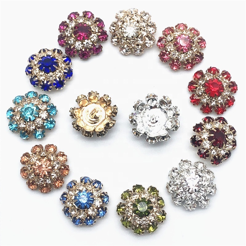 Stylish gold silver red blue black brown mushroom 21mm button alloy rhinestone metal flower button