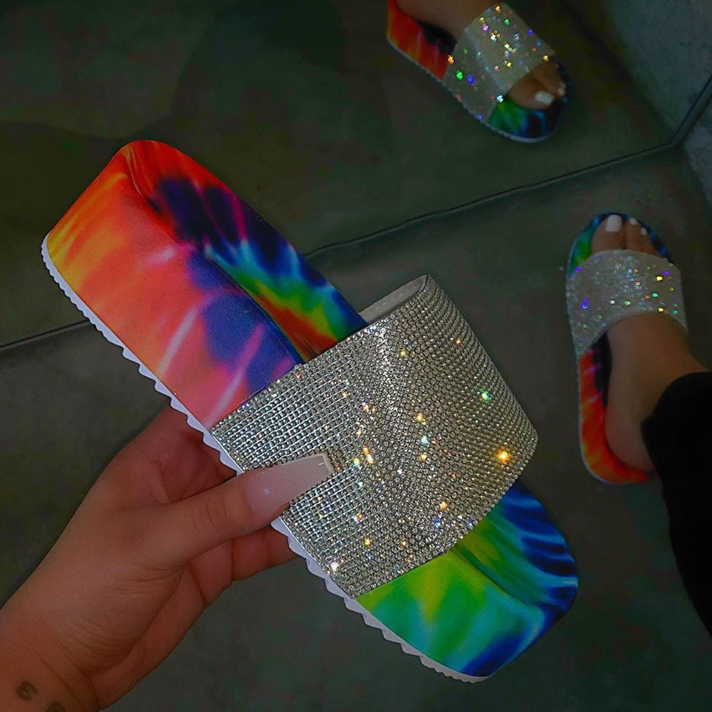 SD-206  latest Rainbow tie dye print platform thick sole slipper for women high heels with sequined cross strap beach sandals