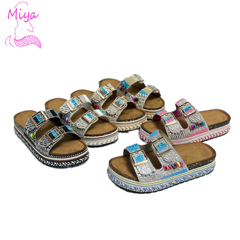 2024 Newest Colorful Diamond Beaded Ethnic Sandals for Women Summer Double Cross Strap Open Toe Platform Straw Sole Cork slipper