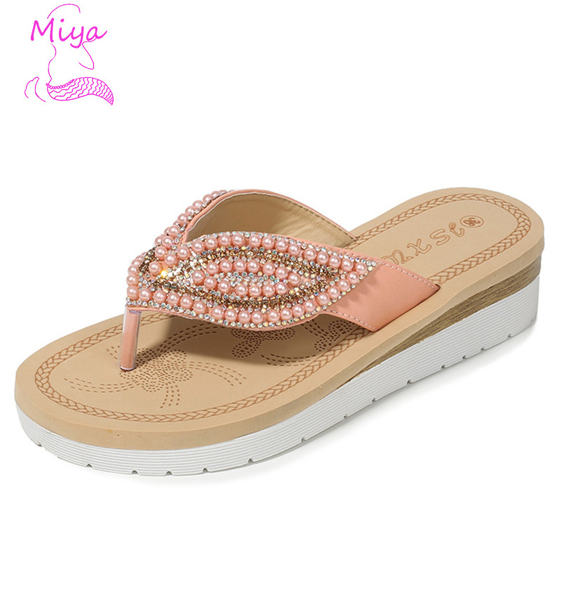 SL-009 2023 Latest high quality beautiful Bohemia pearl beaded flip flop for women leather platform slipper beach sandals