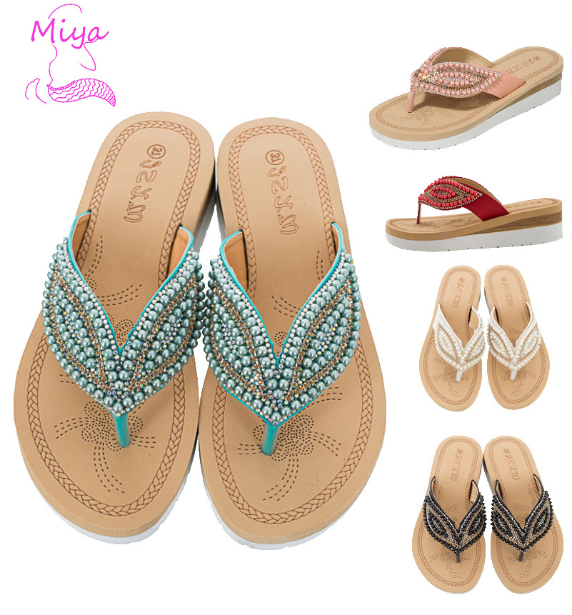 SL-009 2023 Latest high quality beautiful Bohemia pearl beaded flip flop for women leather platform slipper beach sandals