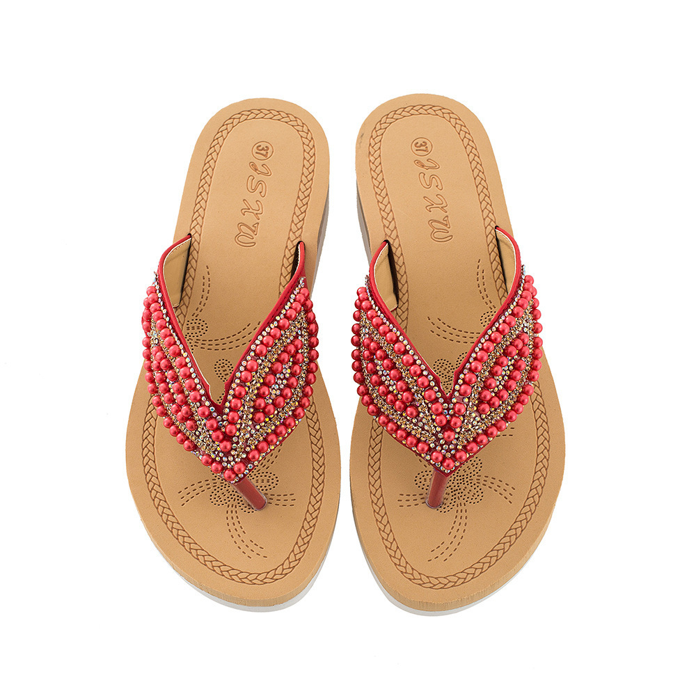 SL-009 2023 Latest high quality beautiful Bohemia pearl beaded flip flop for women leather platform slipper beach sandals