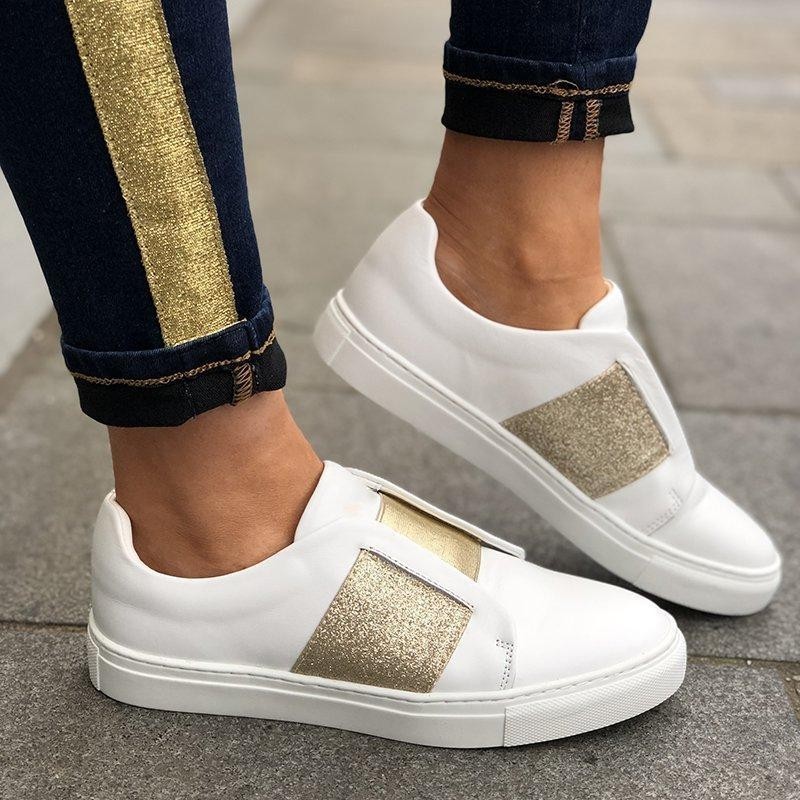 WK-897 fall fashion soft white flat walking shoes for women casual leisure sequined pu leather patchwork sneaker sports shoes