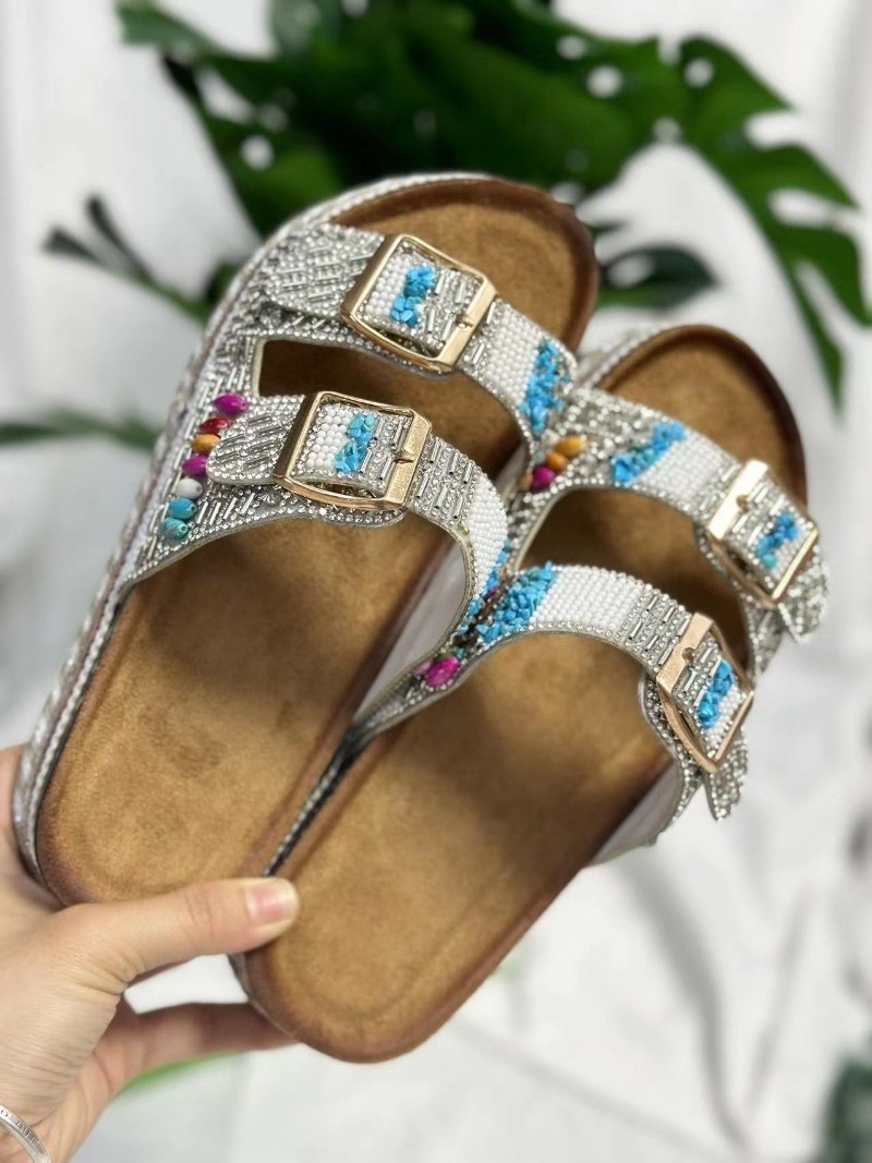 2024 Newest Colorful Diamond Beaded Ethnic Sandals for Women Summer Double Cross Strap Open Toe Platform Straw Sole Cork slipper