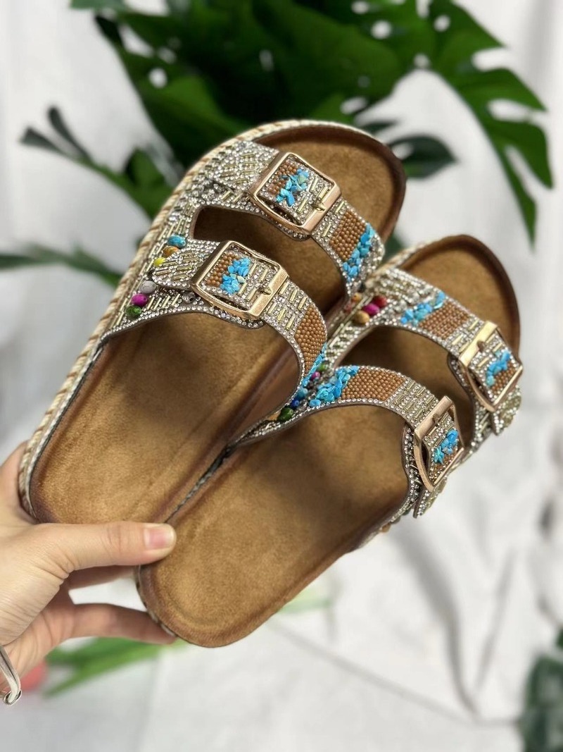 2024 Newest Colorful Diamond Beaded Ethnic Sandals for Women Summer Double Cross Strap Open Toe Platform Straw Sole Cork slipper