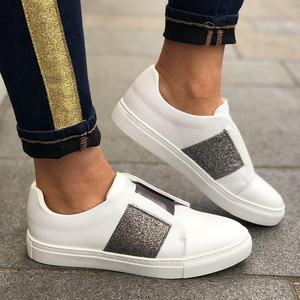 WK-897 fall fashion soft white flat walking shoes for women casual leisure sequined pu leather patchwork sneaker sports shoes