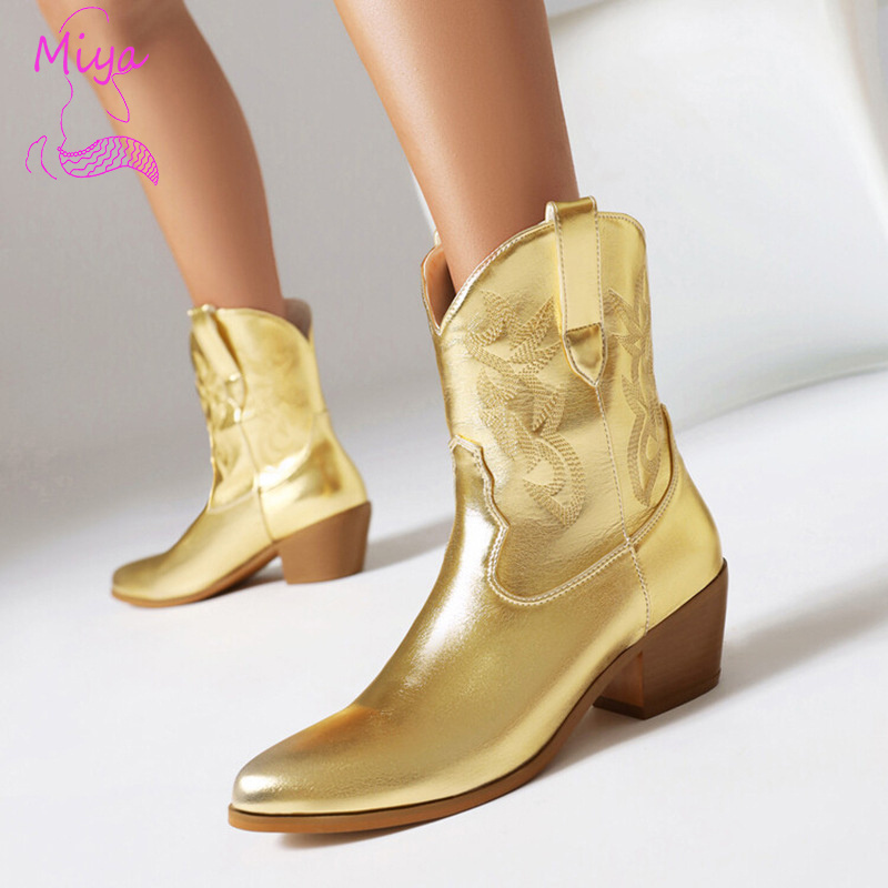 DJ-28 2023 Latest Fall Winter glitter gold leather Boots designs women's embroidered pointed mid-heel CHELSEA ankle boots