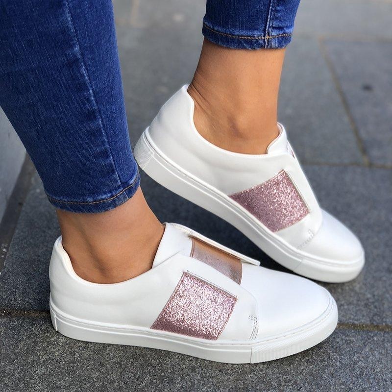 WK-897 fall fashion soft white flat walking shoes for women casual leisure sequined pu leather patchwork sneaker sports shoes