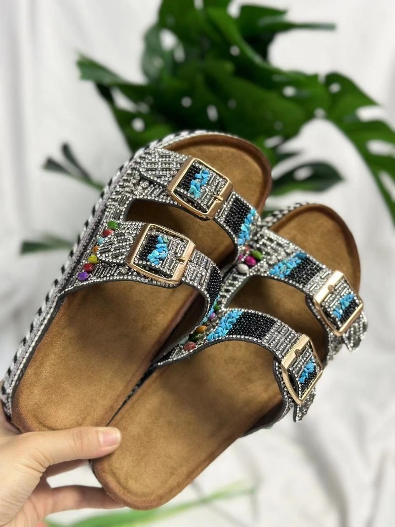 2024 Newest Colorful Diamond Beaded Ethnic Sandals for Women Summer Double Cross Strap Open Toe Platform Straw Sole Cork slipper