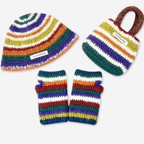 Winter Handmade Crochet Striped Knitted Handbag Matching Bucket Hats and Gloves Set