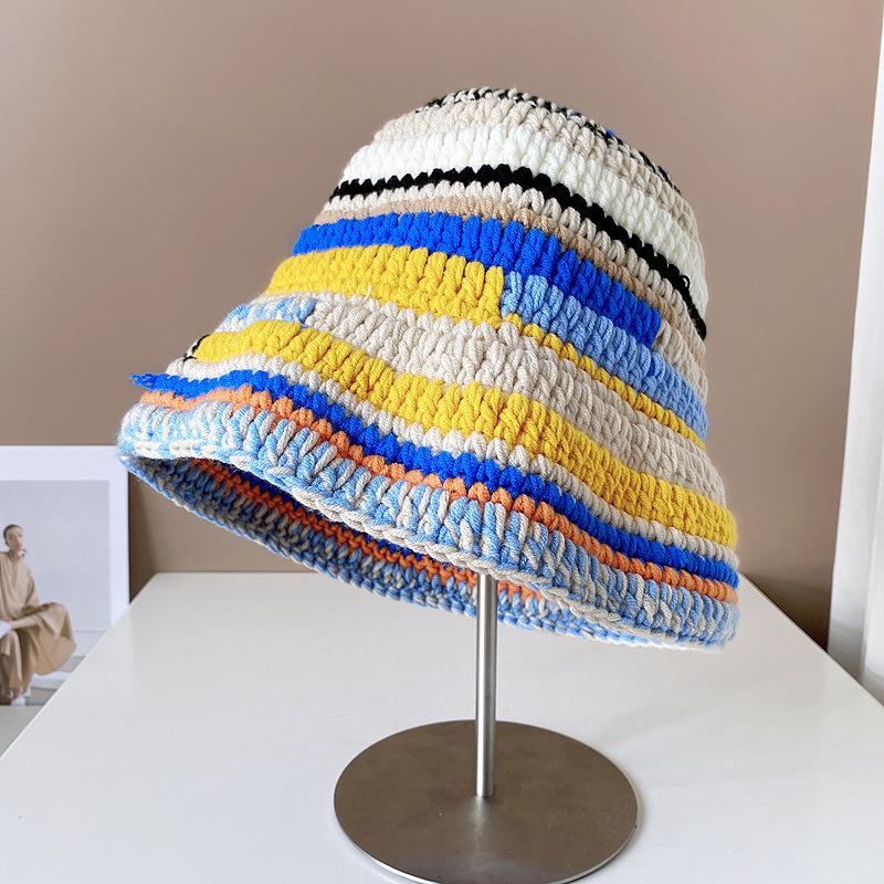 New Arrival Women Colorful Striped Hand Made Knitted Hat Crochet Cap Bucket Hat