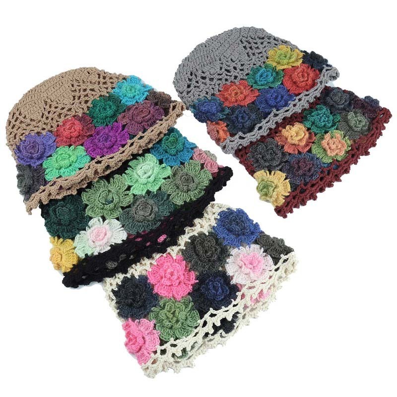 Fashionable Handmade Knit Big Flower Hats Women Beanie Crochet Net Mesh Rasta Hat