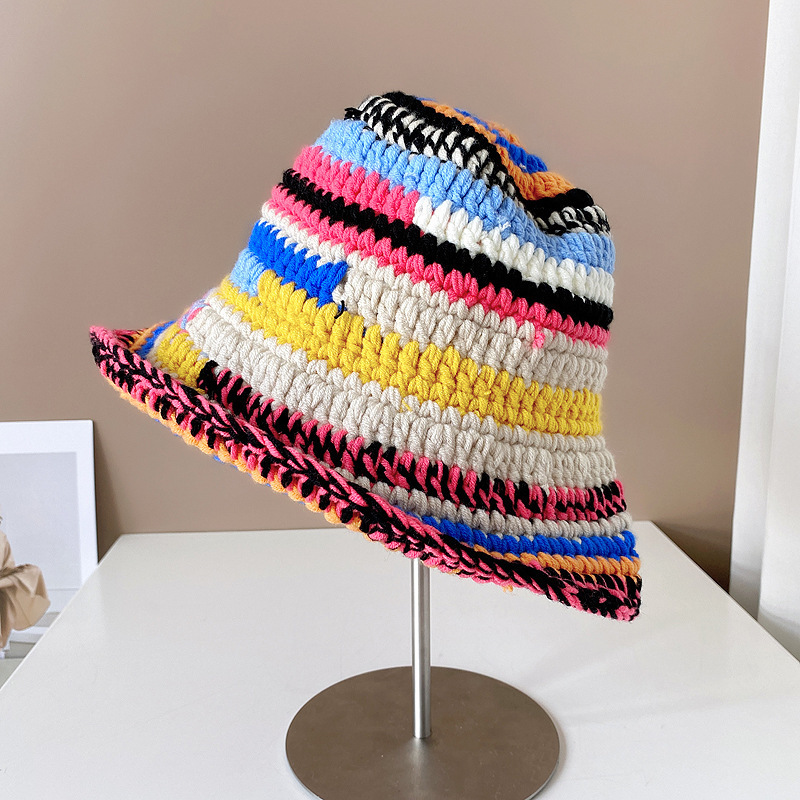 New Arrival Women Colorful Striped Hand Made Knitted Hat Crochet Cap Bucket Hat