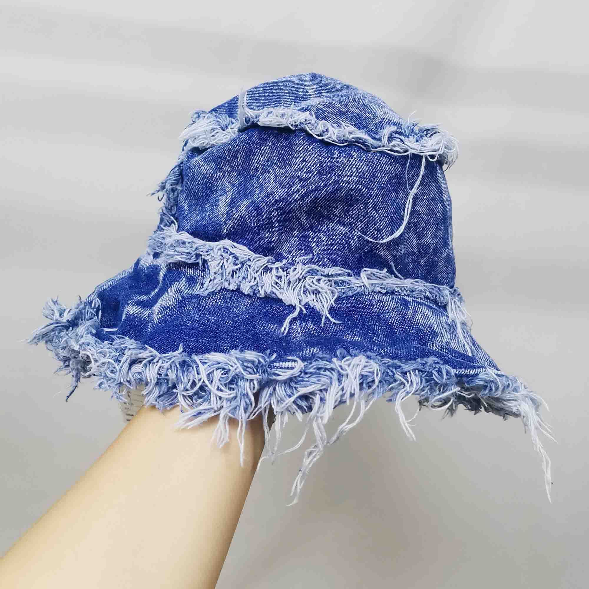 Washed Denim Patchwork Bucket Hat Men Hip-Hop Custom Distressed Jean Cotton Bucket Hat for Ladies