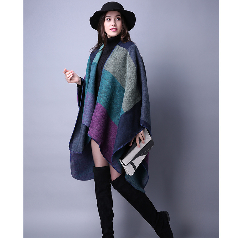 Hot Selling Custom Jacquard Plaid Blanket Poncho Color Blocking Brushed Warm Women Winter Shawl Ruana