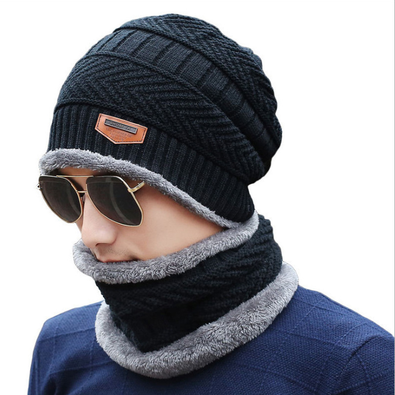 XINMING Soft Thicken Wool Ski Neck Hats Warm Winter Wool Hat Set Men Women Beanie Knitted Cap Scarf Set