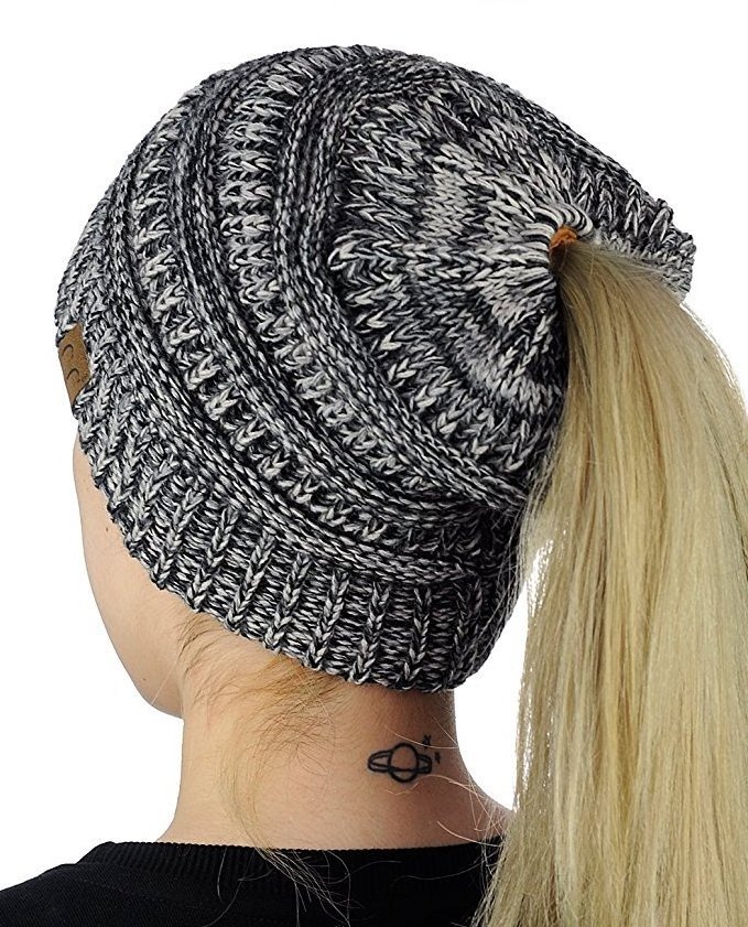 New Women Multifunction  Knitted Autumn Winter Lady Messy Bun Stretch Crochet Cap Ponytail Beanie Hat