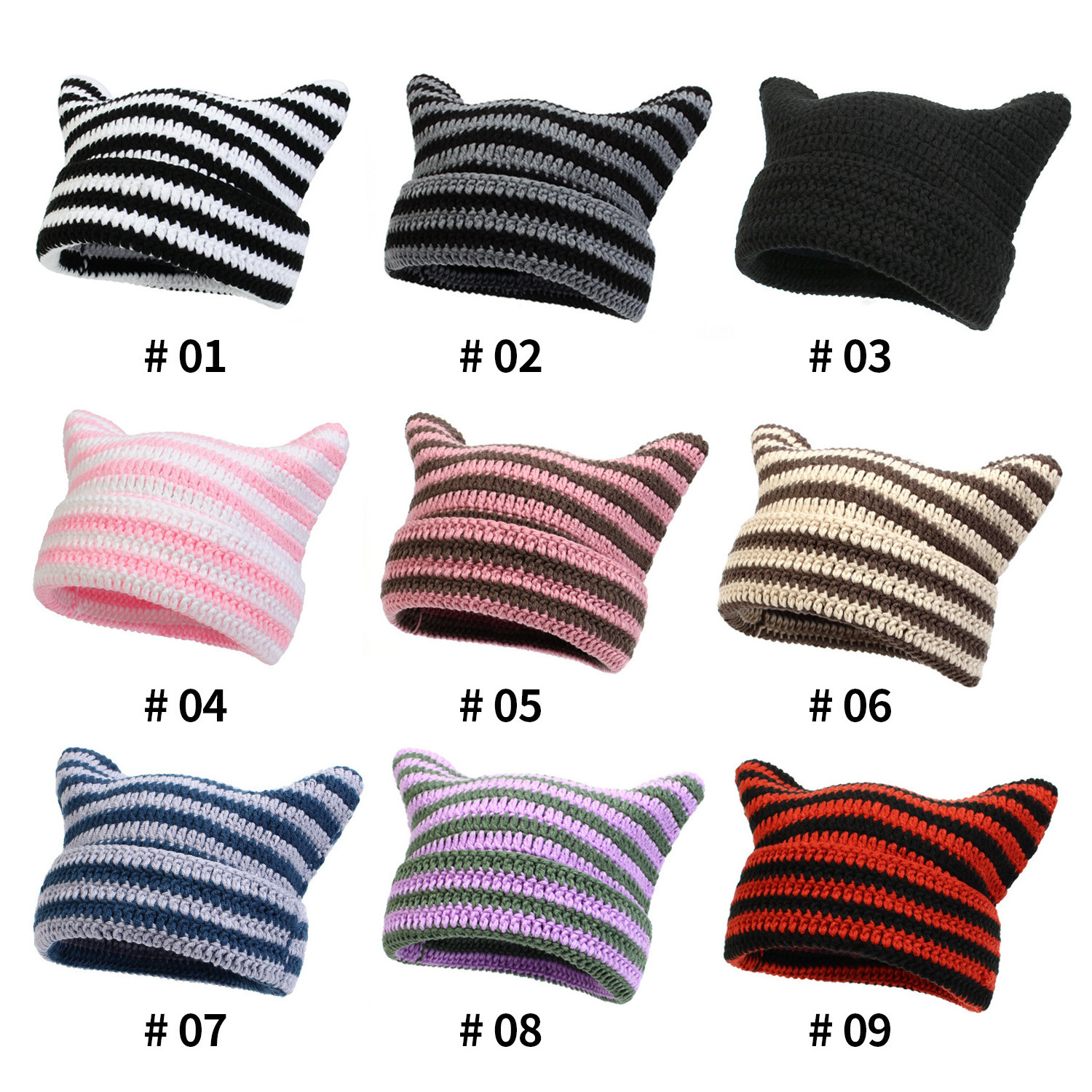 Winter Striped Handmade Crochet Hat Demonic Knitted Ski Bonnet Skullies Cap Beanie with Ears