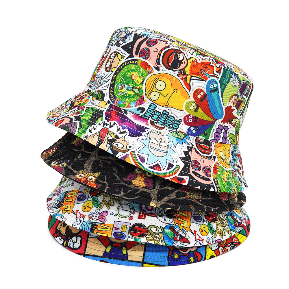 Panama Bucket Hats Animal Letter Graffiti Print Summer Sun Caps Women Men Reversible Fisherman Hat