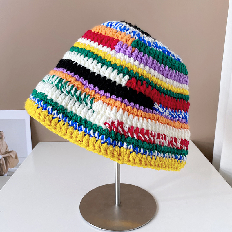 New Arrival Women Colorful Striped Hand Made Knitted Hat Crochet Cap Bucket Hat