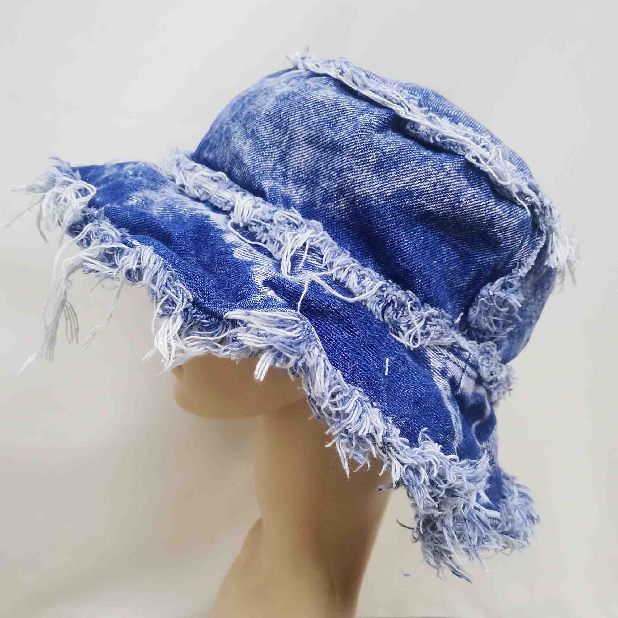 Washed Denim Patchwork Bucket Hat Men Hip-Hop Custom Distressed Jean Cotton Bucket Hat for Ladies