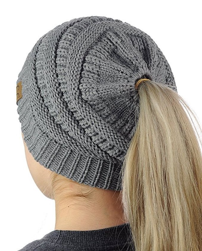 New Women Multifunction  Knitted Autumn Winter Lady Messy Bun Stretch Crochet Cap Ponytail Beanie Hat