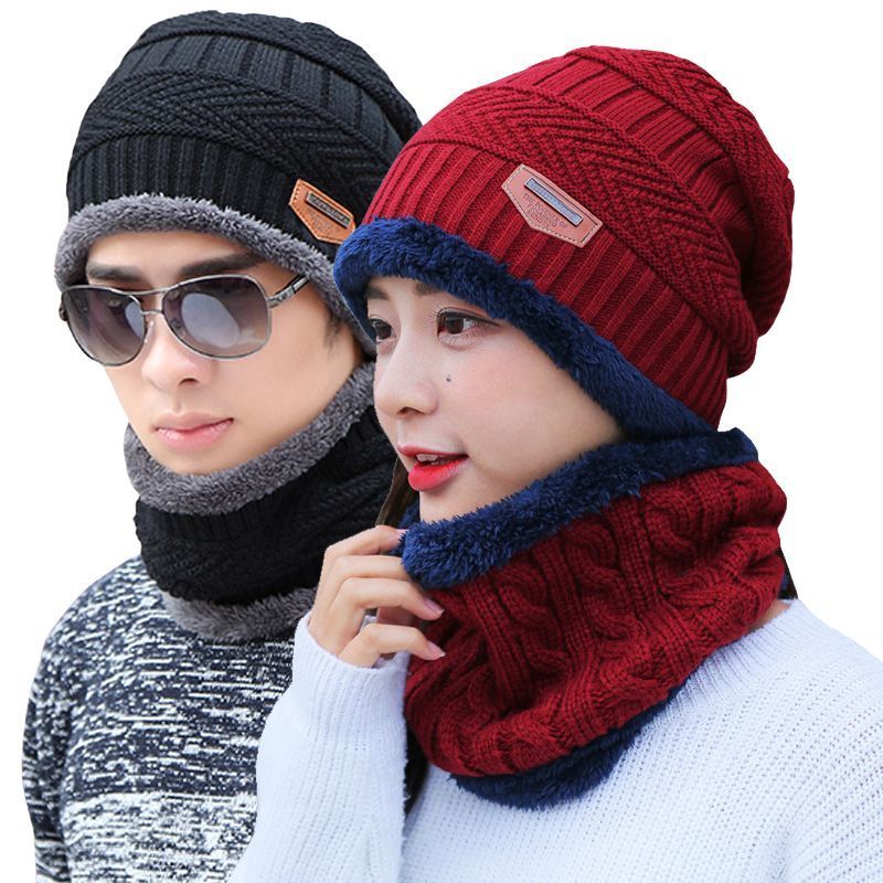 XINMING Soft Thicken Wool Ski Neck Hats Warm Winter Wool Hat Set Men Women Beanie Knitted Cap Scarf Set