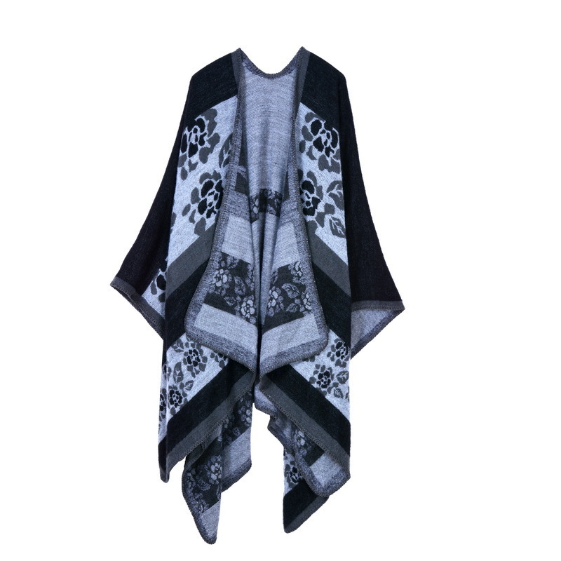 Hot Selling Custom Jacquard Plaid Blanket Poncho Color Blocking Brushed Warm Women Winter Shawl Ruana