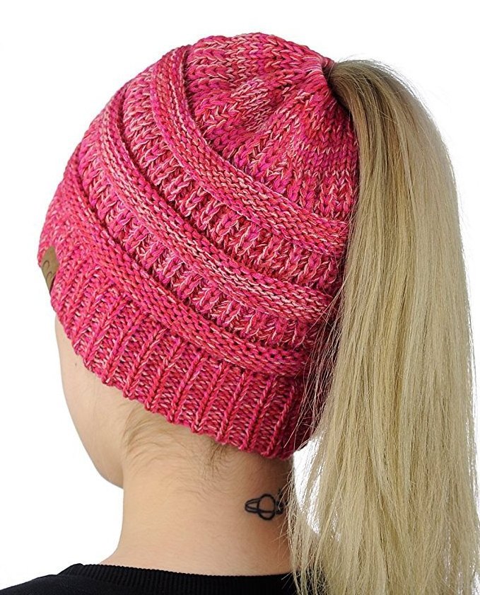 New Women Multifunction  Knitted Autumn Winter Lady Messy Bun Stretch Crochet Cap Ponytail Beanie Hat