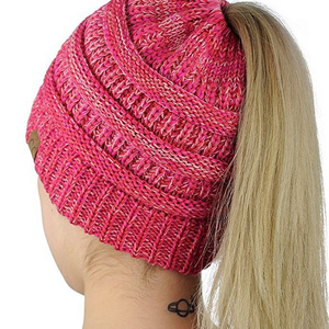 New Women Multifunction  Knitted Autumn Winter Lady Messy Bun Stretch Crochet Cap Ponytail Beanie Hat