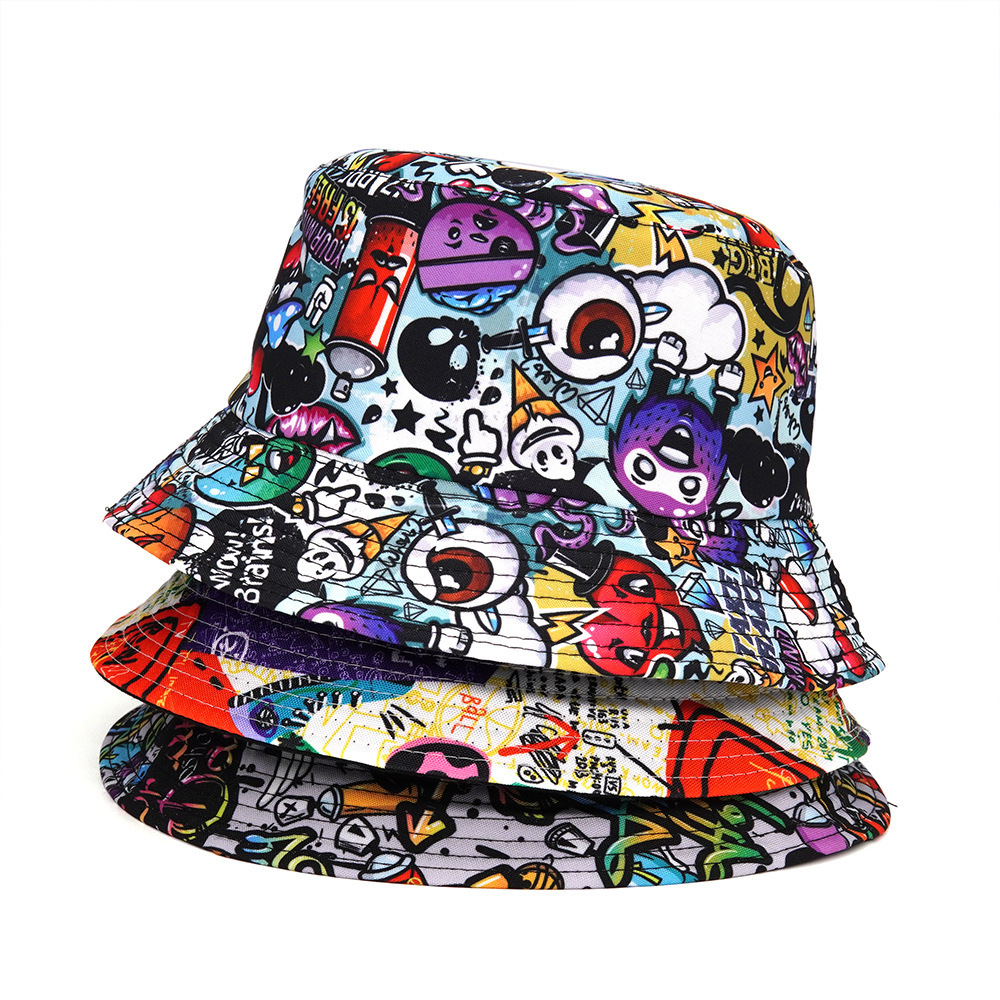 Panama Bucket Hats Animal Letter Graffiti Print Summer Sun Caps Women Men Reversible Fisherman Hat