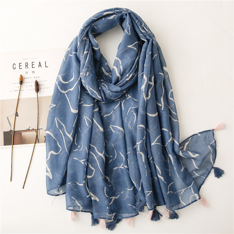 Wholesale 2023 simple fresh texture women cotton plain blue scarf printed viscose shawl hijabs scarf