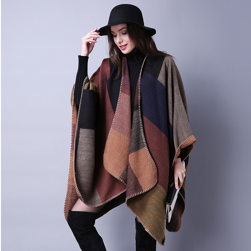 Hot Selling Custom Jacquard Plaid Blanket Poncho Color Blocking Brushed Warm Women Winter Shawl Ruana