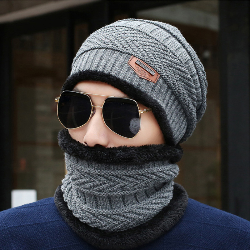 XINMING Soft Thicken Wool Ski Neck Hats Warm Winter Wool Hat Set Men Women Beanie Knitted Cap Scarf Set