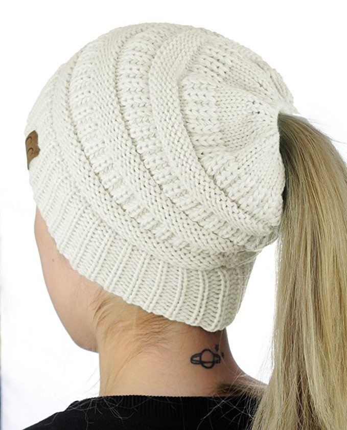 New Women Multifunction  Knitted Autumn Winter Lady Messy Bun Stretch Crochet Cap Ponytail Beanie Hat