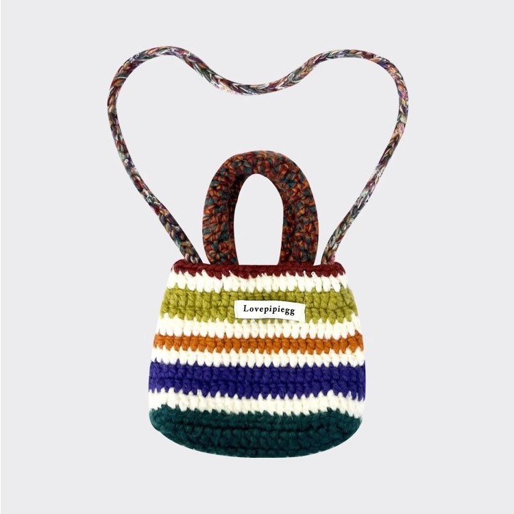 Winter Handmade Crochet Striped Knitted Handbag Matching Bucket Hats and Gloves Set