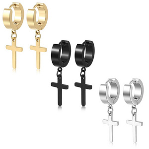 Trendy Chunky Big Black Silver Stainless Steel Hang Hoop Huggie Cross Earring 2021 For Men Boys Drop Dangle Cross Earrings