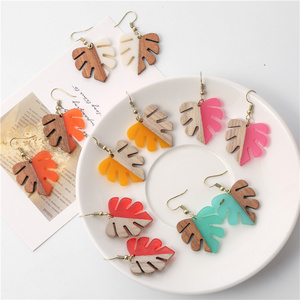 Bohemian Plant Leaf Shape Earrings Wooden Leather Combination Earrings For Women