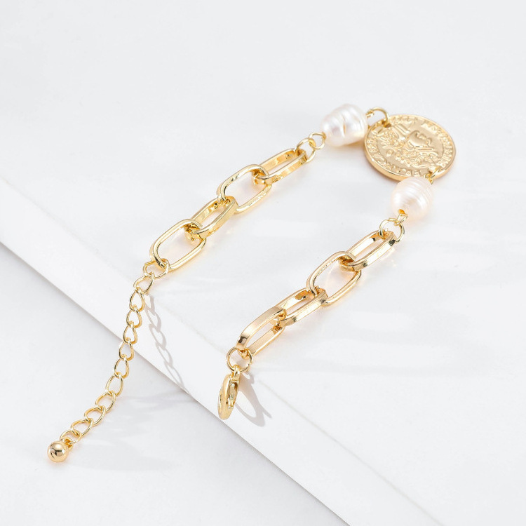 New Simple Bracelet Female Pearl Round Piece Coin Gilded Ornaments Adjustable Ring Interlocking Chain Bracelet